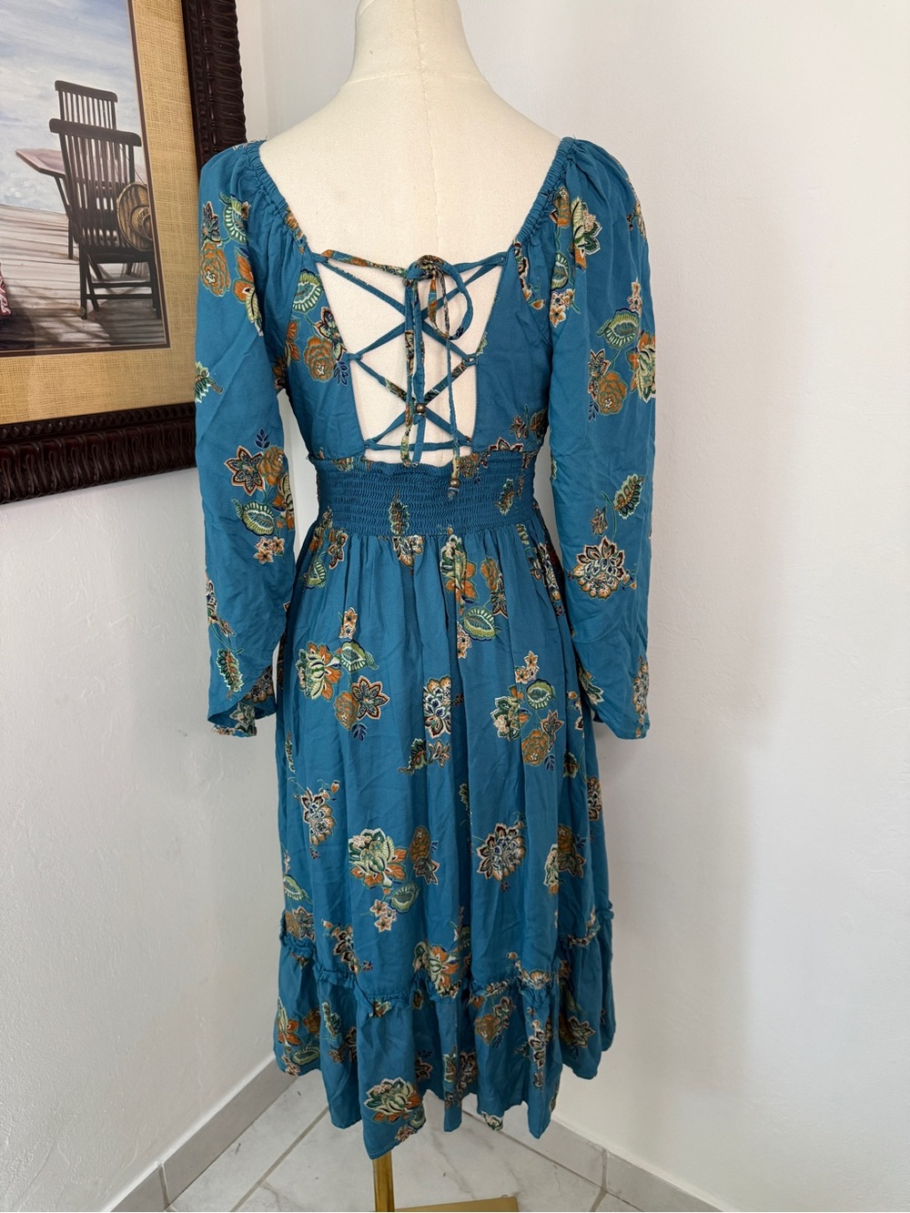Angie Teal Floral Midi Dress with Smocked Waist - Picture 2 of 5